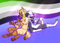  0ct0m0n0 anthro black_hair black_tongue brown_body brown_eyes brown_fur brown_pawpads canid duo featureless_crotch fur green_hair grey_body grey_fur hair hi_res hyena laugh leg_markings lgbt_pride male mammal markings nude open_mouth open_smile pawpads pink_tongue pride_colors reclining sitting smile socks_(marking) striped_arms striped_legs striped_markings striped_tail stripes tail tail_markings tan_body tan_fur tongue tongue_out white_body white_fur white_hair 