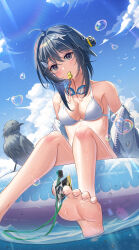  absurdres ahoge arknights between_toes bikini black_eyes blue_hair blue_sky blush breasts character_name chinese_commentary cleavage cloud collarbone commentary_request day feet female goggles goggles_around_neck hair_between_eyes hair_intakes hair_ornament hairclip heart highres la_pluma_(arknights) la_pluma_(summer_flowers)_(arknights) lanyard lens_flare light_particles looking_at_viewer medium_breasts medium_hair mouth_hold official_alternate_costume outdoors ruqbimo1 simple_bird sky soles solo sunlight swimsuit toenails toes water water_drop whistle white_bikini 