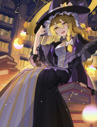  alternate_color black_dress black_hat blonde_hair book braid breasts capelet cleavage commentary_request cosplay dress falken_(yutozin) female hair_between_eyes hat highres kirisame_marisa library long_hair long_sleeves looking_at_viewer medium_breasts open_mouth patchouli_knowledge patchouli_knowledge_(cosplay) single_braid smile solo touhou witch_hat yellow_eyes 