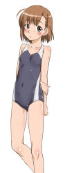  2014 arm_behind_back ass_visible_through_thighs bare_legs bare_shoulders blush breasts brown_eyes brown_hair collarbone competition_school_swimsuit competition_swimsuit feet_out_of_frame female hair_ornament hairclip highres looking_at_viewer misaka_mikoto one-piece_swimsuit princess_knight_club school_swimsuit short_hair small_breasts solo standing swimsuit toaru_kagaku_no_railgun toaru_majutsu_no_index tokiwadai_school_swimsuit white_background 