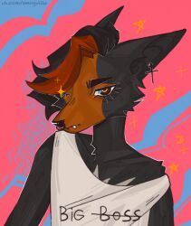  abstract_background anthro arm_tuft black_body black_ears black_eyebrows black_fur black_hair bro brown_eyes bust_portrait canid cheek_tuft clothed clothing eyebrows facial_piercing facial_tuft fangs femboy front_view fur glistening glistening_eyes hair hi_res looking_at_viewer male mammal multicolored_hair nose_piercing nose_ring piercing portrait ring_piercing septum_piercing septum_ring shoulder_tuft smogville solo teeth topwear tuft two_tone_hair white_clothing white_topwear 