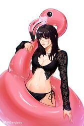  bikini black_bikini black_hair breasts chainsaw_man female genjiruu highres holding holding_swim_ring inflatable_flamingo long_hair long_sleeves medium_breasts medium_hair multiple_scars orange_eyes scar simple_background swim_ring swimsuit twitter_username white_background yoru_(chainsaw_man) 