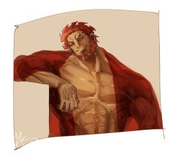  1boy abs bara bare_pectorals dark-skinned_male dark_skin fate/zero fate_(series) highres iskandar_(fate) large_pectorals looking_at_viewer male_focus mature_male muscular muscular_male navel pectorals re_kitchen red_eyes red_hair seductive_smile short_hair smile solo upper_body 