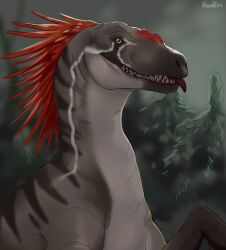  ambiguous_gender dinosaur dromaeosaurid feral glistening glistening_eyes grey_body head_feathers looking_at_viewer outside plant prehistoric_species red_tongue reptile roobin scalie sharp_teeth signature solo striped_neck teeth terr_(n0rad) theropod tongue tongue_out tree yellow_eyes 