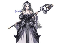  alternate_costume black_dress blue_eyes breasts cleavage conope crown dress earrings eir_(fire_emblem) female fire_emblem fire_emblem_heroes frilled_sleeves frills hair_bun holding holding_staff jewelry large_breasts queen sidelocks solo staff veil white_dress white_hair 