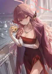  absurdres aru_(blue_archive) aru_(dress)_(blue_archive) blue_archive breasts cleavage coat coat_on_shoulders commentary_request cup dainillust dress drinking_glass elbow_gloves female gloves halo hand_on_own_arm highres holding holding_cup jewelry large_breasts long_hair looking_at_viewer necklace official_alternate_costume red_coat red_dress red_eyes red_hair red_halo side_slit smile solo strapless strapless_dress white_gloves 