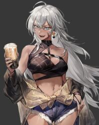  :d absurdres ahoge azur_lane bare_shoulders between_breasts black_collar black_panties black_shirt blue_eyes bokyo breasts brown_jacket bubble_tea cleavage collar crossed_bangs dark-skinned_female dark_skin denim denim_shorts drink earrings female grey_background hair_between_eyes hand_on_own_hip highleg highleg_panties highres holding holding_drink indiana_(azur_lane) jacket jewelry large_breasts long_hair looking_at_viewer navel navel_piercing off_shoulder official_art open_mouth panties piercing ring scar scar_on_face shirt shorts sleeveless sleeveless_shirt smile solo strap_between_breasts third-party_source tied_jacket underwear very_long_hair white_hair 