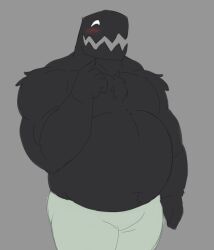  anthro black_body black_fur blush blush_lines bottomwear clothing fur gesture hand_gesture happy hi_res male monster_(geometry_dash) musclegut muscular muscular_anthro overweight overweight_anthro pants pointing pointing_at_self rahzorart shirtless_male solo 