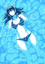  afloat bare_shoulders bikini black_eyes black_hair blue_bikini blue_theme breasts checkered_bikini checkered_clothes cleavage collarbone female from_above hair_between_eyes hairband highres idolmaster idolmaster_cinderella_girls idolmaster_cinderella_girls_starlight_stage large_breasts long_hair looking_to_the_side navel nohito parted_lips partially_submerged sagisawa_fumika solo swimsuit water wet 