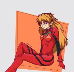  arm_support artist_name bodysuit female highres interface_headset invisible_chair knee_up long_hair mecha_pilot_suit neon_genesis_evangelion nosejak orange_background parted_lips pilot_suit plugsuit red_bodysuit red_hair sitting solo souryuu_asuka_langley 