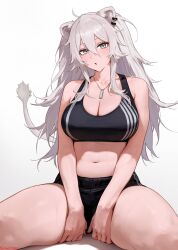  animal_ears breasts earrings female grey_eyes grey_hair highres holofive hololive jewelry kguy1920 lion_ears lion_girl lion_tail long_hair looking_at_viewer necklace shishiro_botan solo sports_bra striped_sports_bra tail vertical-striped_sports_bra virtual_youtuber 