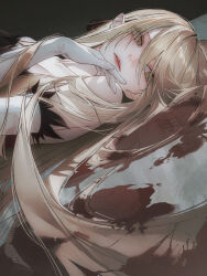  andi_1021 bare_shoulders blonde_hair blood blood_on_ground commentary english_commentary facing_viewer female gloves hair_between_eyes hand_up kiss-shot_acerola-orion_heart-under-blade kizumonogatari long_hair lying monogatari_(series) on_back on_floor oshino_shinobu parted_lips sidelocks sideways slit_pupils solo upper_body very_long_hair white_gloves yellow_eyes 