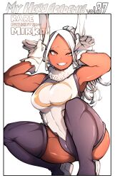  absurdres animal_ears bare_shoulders boku_no_hero_academia breasts character_name colorized crescent_print dark-skinned_female dark_skin english_commentary english_text female fur_collar gloves grin highleg highleg_leotard highres horikoshi_kouhei large_breasts leotard long_eyelashes long_hair looking_at_viewer mirko parted_bangs ponytail purple_thighhighs rabbit_ears rabbit_girl rabbit_pose raised_eyebrow red_eyes second-party_source sleeveless_turtleneck_leotard smile solo squatting taut_leotard thick_thighs thighhighs thighs toned_female uneven_eyes ureazure white_background white_gloves white_hair white_leotard 