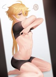  1boy ? aether_(genshin_impact) barefoot black_shirt black_shorts blonde_hair blush clothes_lift feet genshin_impact hair_between_eyes highres long_hair male_focus navel nipples shirt shirt_lift short_sleeves shorts solo stomach toes undressing vcoooh white_background yellow_eyes 