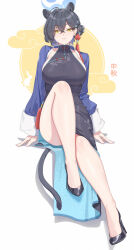  animal_ears bare_legs black_dress black_footwear black_hair blue_archive blue_halo breasts china_dress chinese_clothes closed_mouth crossed_bangs dress fangxiang_cuoluan female hair_between_eyes hair_bun halo high_heels highres kaguya_(blue_archive) knee_up large_breasts legs long_sleeves looking_at_viewer sitting smile solo tail thighs toe_cleavage yellow_eyes 