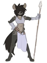  2022 :&lt; absurd_res ade_(capaoculta) anthro armor black_hair black_nose bottomwear capaoculta clothed clothing crop_top digitigrade femboy fur gauntlets gloves grey_body grey_fur hair hair_over_eyes hand_on_hip handwear hi_res holding_melee_weapon holding_object holding_polearm holding_spear holding_weapon hyena loincloth male mammal markings melee_weapon midriff oversized_clothing polearm shirt simple_background solo spear spots spotted_body spotted_fur topwear weapon white_background 