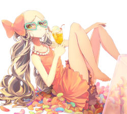  bare_shoulders barefoot blonde_hair blush bow breasts candy cherry closed_mouth collarbone cup dress drinking_straw female food from_side fruit green-framed_eyewear hairbow hand_on_own_knee handa_roco hands_up heart heart-shaped_eyewear highres holding holding_cup ice ice_cream ice_cube idolmaster idolmaster_million_live! idolmaster_million_live!_theater_days jelly_bean jewelry leaning_back legs_up long_hair looking_at_viewer necklace pearl_necklace pink_dress pink_ribbon ribbon simple_background sitting sleeveless sleeveless_dress small_breasts smile solo sunglasses twintails ukkari_chabangeki very_long_hair white_background yellow_eyes 