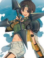  absurdres arm_guards armor black_hair breasts chest_strap commentary cowboy_shot crop_top female final_fantasy final_fantasy_vii final_fantasy_vii_remake fingerless_gloves gloves green_shirt grey_eyes grey_shorts hair_between_eyes headband highres holding holding_shuriken holding_weapon materia medium_breasts midriff navel open_fly open_mouth orange_gloves parted_bangs ribbon shioajiass shirt short_hair shorts shoulder_armor shuriken simple_background sleeveless sleeveless_turtleneck smile solo turtleneck weapon yellow_ribbon yuffie_kisaragi 