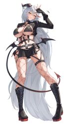  absurdly_long_hair aegir_(azur_lane) asymmetrical_legwear azur_lane belt black_belt black_bra black_footwear black_gloves black_jacket black_nails black_skirt blush boots bra breasts chains chest_harness cleavage crossed_bangs demon_tail female fingerless_gloves fishnet_thighhighs fishnets full_body gloves hair_between_eyes hand_up harness highres horns jacket large_breasts long_hair low_wings multicolored_hair o-ring o-ring_harness red_hair ropi_(yyuichi29) simple_background skirt smile solo standing streaked_hair tail thigh_strap thighhighs thighs underwear uneven_legwear very_long_hair white_background white_hair wings yellow_eyes 