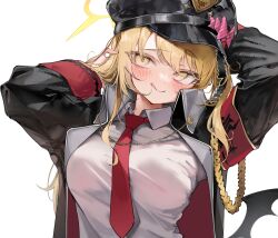  :q aged_up alternate_breast_size arm_behind_head armband arms_up black_hat black_jacket blonde_hair blue_archive blush breasts coat collared_shirt demon_horns demon_wings dot_nose female halo hat hat_ornament highres horns ibuki_(blue_archive) jacket long_sleeves looking_at_viewer medium_breasts military_hat naughty_face necktie open_clothes open_jacket pepq red_necktie shirt simple_background tongue tongue_out upper_body white_background white_shirt wings yellow_eyes yellow_halo 