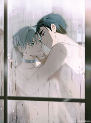  2boys artist_name black_hair collar collarbone condensation eye_contact grey_collar grey_hair hand_on_another&#039;s_chin highres looking_at_another lucidkana male_focus multiple_boys nude original parted_lips short_hair shower_(place) showering teeth tile_wall tiles twitter_username water_drop wet wet_hair window yaoi 