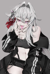  absurdres alternate_costume bare_shoulders belt black_belt black_jacket black_shirt black_shorts breasts bright_pupils chain_necklace chains cleavage collarbone commentary_request cowboy_shot crop_top female fuji4o goth_fashion hair_between_eyes hair_intakes hair_ribbon hand_up highres honkai_(series) honkai_impact_3rd jacket jewelry large_breasts long_hair looking_at_viewer navel necklace off_shoulder purple_eyes red_ribbon ribbon shirt shorts sidelocks solo stomach thelema_nutriscu tongue tongue_out very_long_hair white_hair white_pupils 