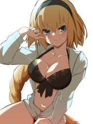  bikini black_bikini black_hairband blonde_hair blue_eyes braid breasts cleavage closed_mouth collarbone fate/grand_order fate_(series) female hairband hamao_1 highres jacket jeanne_d&#039;arc_(fate) jeanne_d&#039;arc_(swimsuit_archer)_(fate) jeanne_d&#039;arc_(swimsuit_archer)_(first_ascension)_(fate) large_breasts long_braid long_hair navel partially_unzipped single_braid smile solo swimsuit 