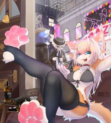  absurd_res anthro big_breasts bikini breasts clothing collar female hi_res inner_ear_fluff legwear nrpwccold221 pawpads solo swimwear thigh_highs tuft two-piece_swimsuit underwear 