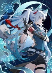  adjusting_clothes adjusting_gloves animal_ear_fluff animal_ears belt black_gloves black_shorts blue_shirt breasts chinese_commentary closed_mouth clothes_around_waist coat commentary_request covered_navel cowboy_shot feixiao_(honkai:_star_rail) female forehead_jewel fox_ears fox_girl gloves gou_lianlian_dogface gradient_hair green_eyes green_hair highres honkai:_star_rail honkai_(series) large_breasts long_hair looking_ahead multicolored_hair parted_bangs partial_commentary ponytail shirt shorts sidelocks smile solo standing thigh_strap very_long_hair white_belt white_coat white_hair 