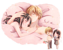  1boy :o barefoot black_hair blanket blonde_hair blush chibi chocotomamenoki collarbone drinking female hand_in_pocket kaguya-sama_wa_kokurasetai_~tensai-tachi_no_renai_zunousen~ long_hair lying on_side pants pillow shinomiya_kaguya shirogane_miyuki shirt short_hair sleeping sleepy sparkle straight topless water 