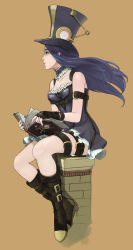  absurdres bare_shoulders black_dress black_hat book boots breasts brown_gloves caitlyn_(league_of_legends) closed_mouth dress female fingerless_gloves gloves hat high_heel_boots high_heels highres holding holding_book knee_boots league_of_legends long_hair medium_breasts open_book orange_background profile simple_background sitting solo top_hat yucha_(jimmy60507jimmy) 