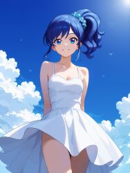  absurdres aikatsu! aikatsu!_(series) arms_behind_back bare_shoulders blue_eyes blue_hair blue_scrunchie blue_sky blush breasts cleavage cloud cloudy_sky collarbone day dress female hair_ornament hair_scrunchie high_side_ponytail highres kiriya_aoi long_hair looking_at_viewer medium_breasts open_mouth outdoors raiden_(kdsn3783) scrunchie side_ponytail sky sleeveless sleeveless_dress smile solo standing white_dress 