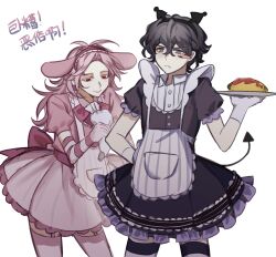  2boys alternate_costume animal_ears apron back_bow black_eyes black_hair black_shirt black_skirt blush_stickers bow bowtie chinese_commentary chinese_text chunaizhanshi23057 closed_mouth collared_shirt commentary_request cosplay crossdressing demon_tail elbow_gloves enmaided food frilled_skirt frills frown garter_straps gloves hair_between_eyes hairband hand_on_own_hip hatsutori_hajime highres holding holding_pastry_bag holding_plate kuromi kuromi_(cosplay) maid male_focus male_maid multiple_boys my_melody my_melody_(cosplay) neck_ribbon omelet omurice onegai_my_melody otoko_no_ko outline pink_bow pink_bowtie pink_gloves pink_hair pink_hairband pink_skirt pink_thighhighs plate rabbit_ears ribbon saibou_shinkyoku sanrio shirt simple_background single_blush_sticker skirt smile striped_apron striped_clothes striped_gloves striped_shirt tail thighhighs translation_request utsugi_noriyuki vertical-striped_apron vertical-striped_clothes vertical-striped_shirt white_apron white_background white_gloves white_outline zettai_ryouiki 