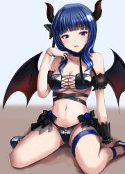  asaka_karin bare_shoulders black_bra black_footwear black_panties blue_eyes blue_hair blush bra breasts c-wing demon_girl demon_horns demon_tail demon_wings detached_collar female grey_background highres horns large_breasts looking_at_viewer love_live! love_live!_nijigasaki_high_school_idol_club medium_hair navel open_mouth panties puffy_short_sleeves puffy_sleeves revealing_clothes short_sleeves simple_background sitting solo tail thigh_strap two-tone_background underwear wariza white_background wings 