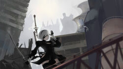  2b_(nier:automata) absurdres black_blindfold black_dress black_gloves black_thighhighs blindfold bob_cut breasts cleavage cleavage_cutout closed_mouth clothing_cutout dress english_commentary female gloves grey_sky headband highres holding holding_sword holding_weapon katana long_sleeves medium_breasts nier:automata nier_(series) outdoors pod_(nier:automata) short_hair sky solo sword thighhighs weapon weapon_on_back white_hair zhelizhiyouhongcha 