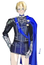  1boy 33_gmk armored_gloves arrow_(symbol) belt blonde_hair blue_belt blue_cape blue_eyes blush cape chest_belt closed_mouth commentary dimitri_alexandre_blaiddyd feet_out_of_frame fire_emblem fire_emblem:_three_houses garreg_mach_monastery_uniform gloves hair_between_eyes hand_on_own_hip looking_to_the_side male_focus side_cape sideways_glance simple_background solo white_background 