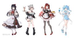  4girls absurdres akane_lize animal_ears apron arahashi_tabi black_footwear black_hair black_leg_warmers blonde_hair blue_eyes blue_hair bow breasts cat_ears cat_girl cat_tail cleavage closed_mouth cross-laced_footwear full_body garter_straps grey_eyes grey_footwear grey_hair grey_thighhighs hair_ornament hairbow hairclip hand_on_own_hip heart heart_print highres holding holding_teapot jacket leg_warmers long_hair long_skirt long_sleeves looking_at_viewer maid_headdress mole mole_under_eye multicolored_hair multiple_girls neneko_mashiro official_art one_eye_closed open_clothes open_jacket open_mouth pantyhose red_bow red_eyes red_footwear red_hair rity shirayuki_hina shirt shoes short_hair simple_background skirt smile socks standing stellive streaked_hair tail teapot thigh_strap thighhighs torn_clothes torn_thighhighs virtual_youtuber white_apron white_background white_pantyhose white_socks 