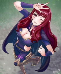  belt black_cape bodysuit breasts cape choker cleavage clothing_cutout facial_mark female fire_emblem fire_emblem_engage gold_belt hair_ornament highres kousetu0506 large_breasts long_hair looking_at_viewer pink_choker purple_bodysuit red_eyes red_hair side_cutout smile solo star_(symbol) star_facial_mark star_hair_ornament two-tone_cape yellow_belt yunaka_(fire_emblem) 