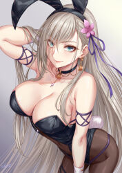  animal_ears aqua_eyes bare_shoulders black_choker black_hairband black_leotard breasts brown_pantyhose choker cleavage closed_mouth collarbone commentary_request earrings eyes_visible_through_hair fake_animal_ears fake_tail female grey_background grey_hair hair_ornament hairband hand_in_own_hair highres jewelry large_breasts leotard long_hair looking_at_viewer original pantyhose playboy_bunny rabbit_ears rabbit_tail sakiyamama simple_background smile solo tail very_long_hair 