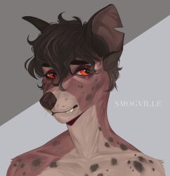  anthro brown_body brown_fur brown_hair brown_spots bust_portrait canid facial_spots fur glistening glistening_eyes hair hi_res looking_at_viewer male mammal portrait red_eyes smogville solo spots spotted_face spotted_shoulders tan_body tan_fur whiskers 