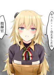  blonde_hair blush breasts collared_shirt commentary_request female girls&#039;_frontline green_eyes hairband harujiya_(setugetuka) italian_flag italian_flag_print long_hair looking_at_viewer messy_hair orange_hairband print_ribbon ribbon s.a.t.8_(girls&#039;_frontline) shirt smile solo translation_request uniform very_long_hair 