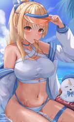  absurdres bikini blonde_hair breasts elfriend_(shiranui_flare) female highres hololive jacket large_breasts long_hair navel ocean orange_eyes pointy_ears ponytail second-party_source shiranui_flare sitting swimsuit virtual_youtuber visor_cap wet whistle white_bikini white_jacket y&#039;=&#039;y 