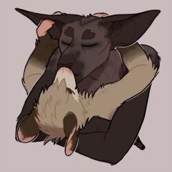  0ct0m0n0 1:1 american_opossum anthro anthro_on_anthro arm_tuft big_ears brown_body brown_fur cheek_tuft closed_eyes duo elbow_tuft facial_tuft felid fur head_tuft hug kissing male male/male mammal marsupial mouth_closed tan_body tan_fur tuft 