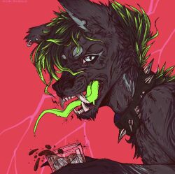  anthro beverage black_body black_collar black_fur black_hair blue_eyes blue_markings cheek_tuft collar ear_piercing ear_ring ear_stud facial_tuft fangs fur glistening glistening_eyes green_hair green_tongue hair hi_res holding_beverage holding_object long_tongue male markings open_mouth piercing ring_piercing smogville solo spiked_collar spikes teeth tongue tongue_out tuft 