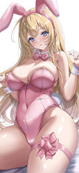  absurdres akiha_(akiha_ttt) animal_ears bare_legs blonde_hair blue_eyes bow bowtie commentary_request cowboy_shot detached_collar female hair_between_eyes highres leotard original pink_bow pink_bowtie pink_leotard playboy_bunny rabbit_ears simple_background smile solo strapless strapless_leotard thigh_strap w_arms white_background wrist_cuffs 