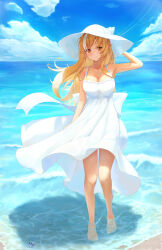  absurdres alternate_costume amano_kusatsu barefoot beach blonde_hair breasts dress female hand_on_headwear hat highres hololive large_breasts long_hair ocean orange_eyes pointy_ears shiranui_flare smile sun_hat sundress virtual_youtuber white_dress 