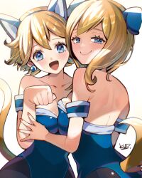  2girls :d animal_ear_hairband animal_ears back blonde_hair blue_eyes breast_press breasts cat_ear_hairband cat_ears cat_tail closed_mouth collarbone dragon_quest dragon_quest_iii eyelashes fake_animal_ears hairband highres jester_(dq3) kuzuno_ha multiple_girls open_mouth paw_pose simple_background smile symmetrical_docking tail white_background 