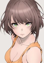  2nd_generation_(hololive) bare_shoulders blush breasts brown_hair cleavage collarbone female from_above green_eyes highres hololive looking_at_viewer looking_to_the_side medium_breasts mikan_mizu oozora_subaru serious short_hair simple_background solo tank_top upper_body virtual_youtuber white_background yellow_tank_top 