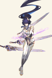  absurdres armor armored_boots boots breasts cleavage electricity female full_body gauntlets highres honkai_(series) honkai_impact_3rd katana long_hair medium_breasts pauldrons purple_eyes purple_hair raiden_mei raiden_mei_(herrscher_of_origin) sheath sheathed shoulder_armor simple_background solo sword thigh_boots very_long_hair weapon yellow_background zhelizhiyouhongcha 