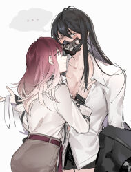  ... 2girls belt black_hair black_mask black_shorts breasts cleavage collared_shirt commentary gradient_hair grey_eyes grey_skirt large_breasts long_hair long_sleeves looking_at_another mask mouth_mask multicolored_hair multiple_girls open_clothes open_shirt parted_lips path_to_nowhere rahu_(path_to_nowhere) red_eyes red_hair shalom_(path_to_nowhere) shirt shorts skirt smile spoken_ellipsis sweatdrop tencryingemojis white_hair white_shirt yuri 